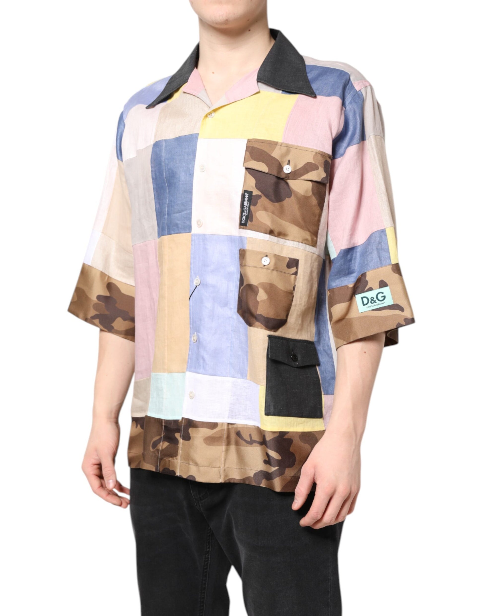 Man wearing a colorful shirt with camouflage pattern on sleeve