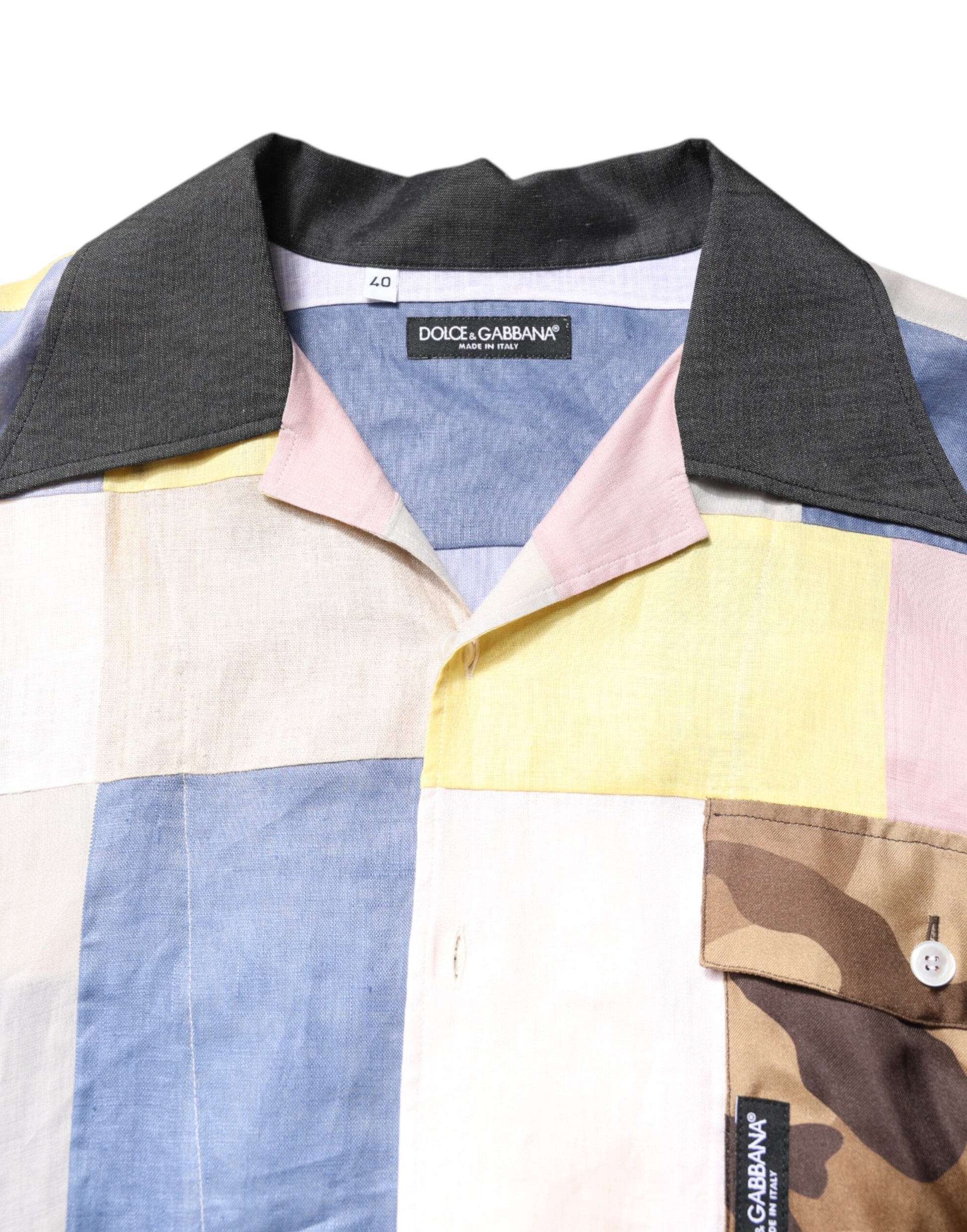 Shirt with colorful patchwork design on front