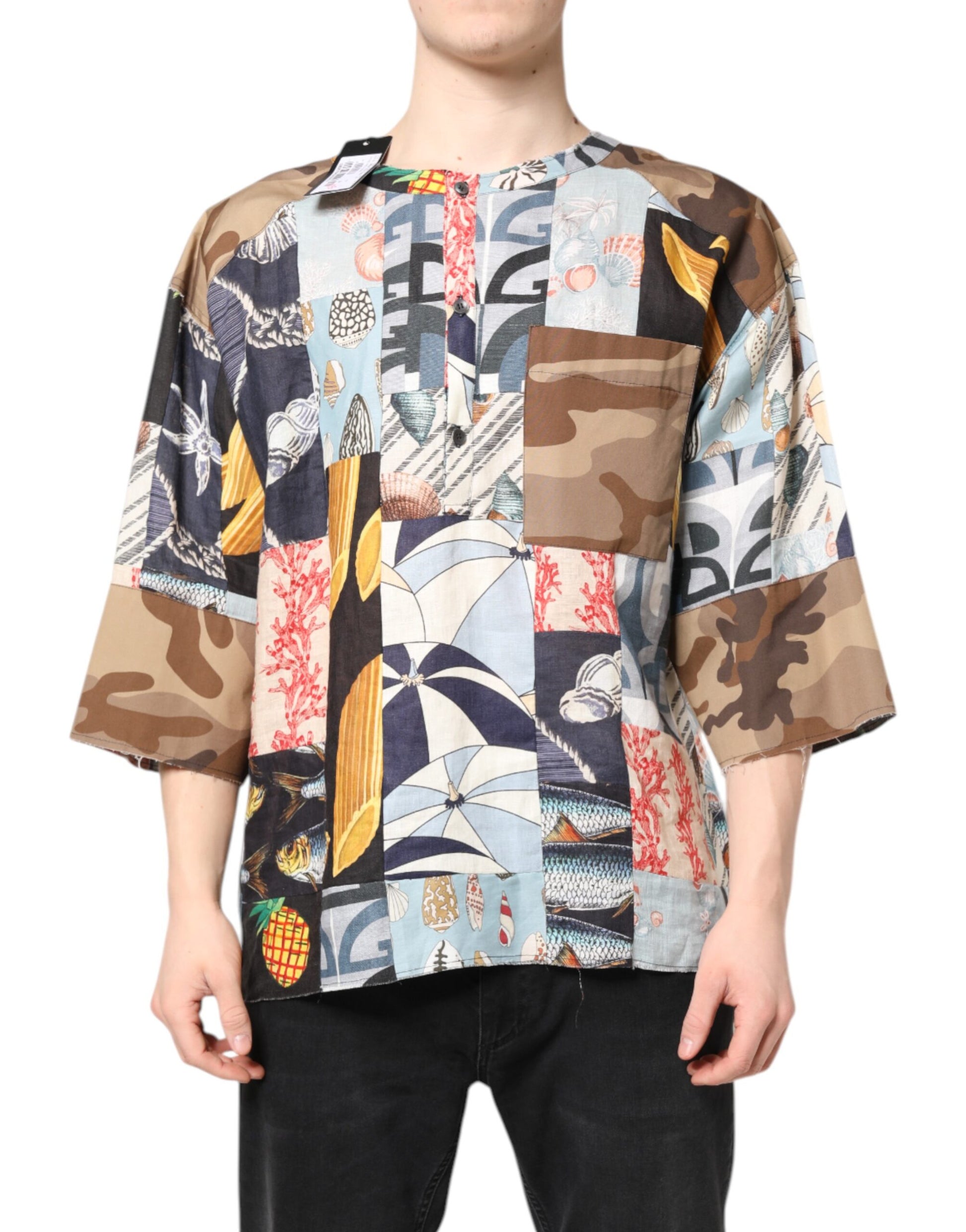 Mannequin wearing a long sleeve shirt with a patchwork design featuring various patterns and colors
