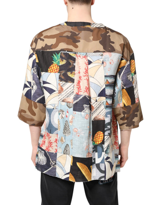 Camouflage patterned kimono with various designs on back