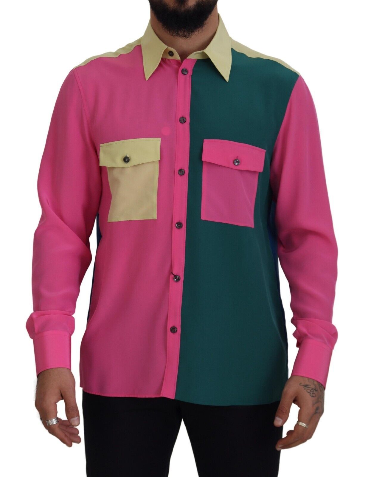 Man wearing a pink and green shirt