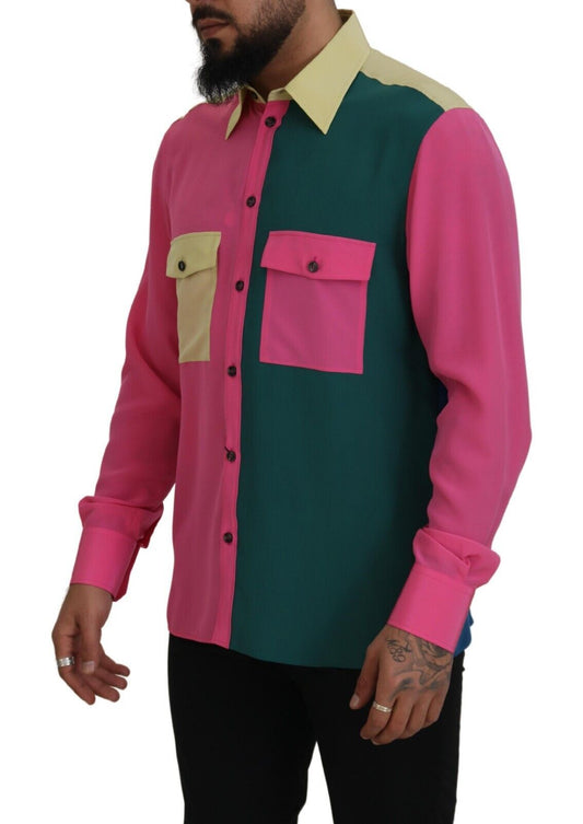 Man wearing long sleeve shirt with pink, green, and yellow patches