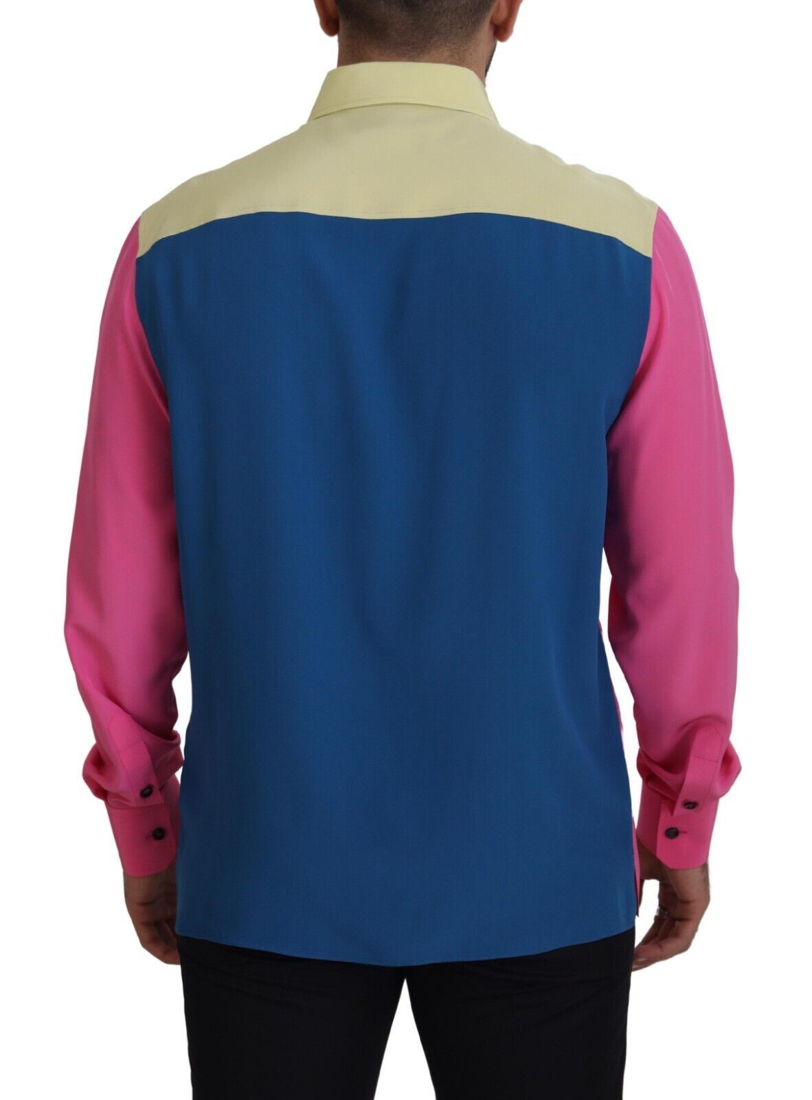 Men's jacket with blue, pink, and yellow stripes on back