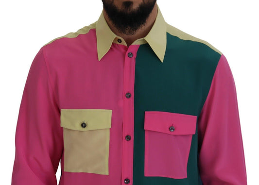 Man wearing a pink shirt with yellow and green patches on the sleeves