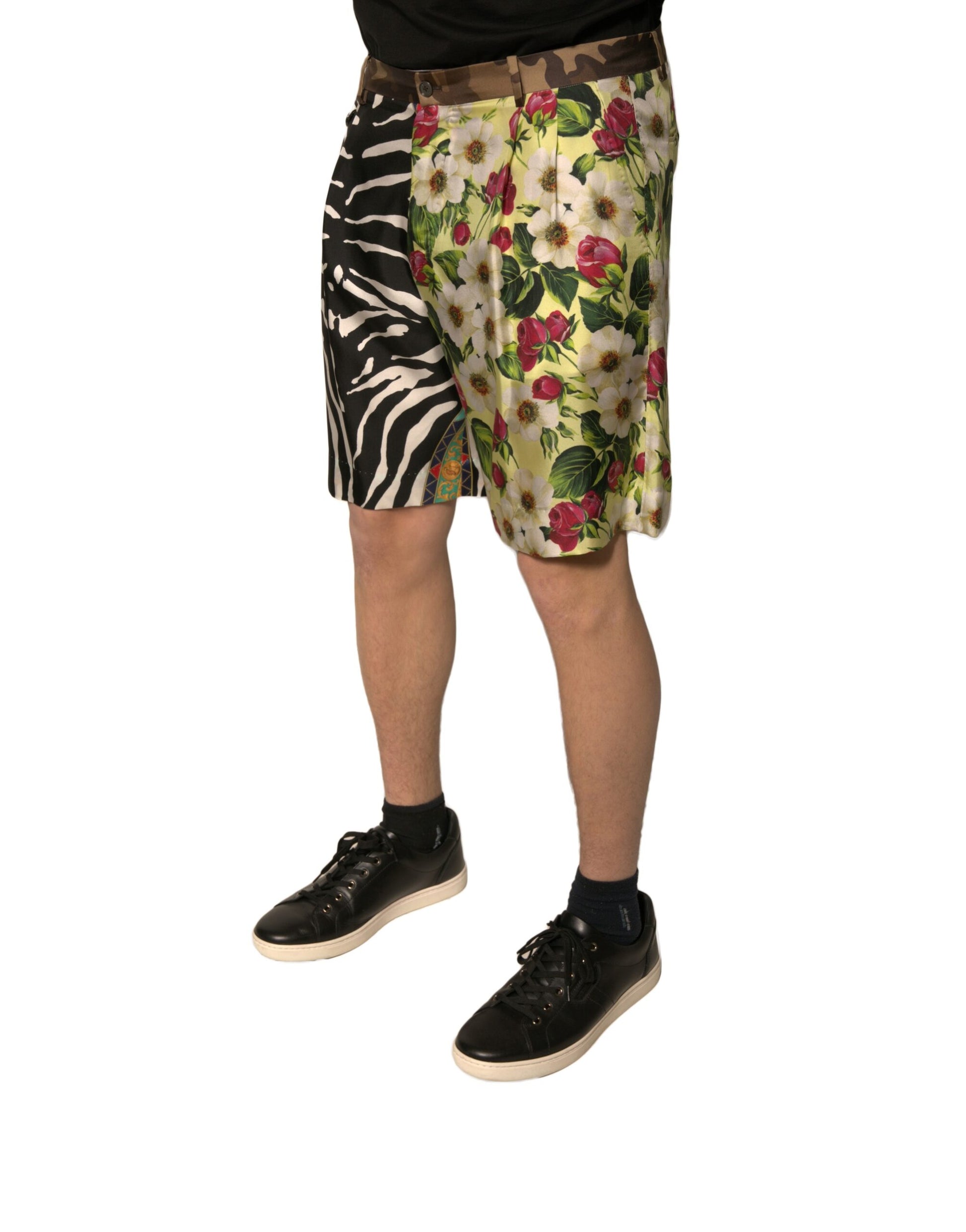Colorful floral patterned shorts with patchwork design, silky fabric, and elastic waistband