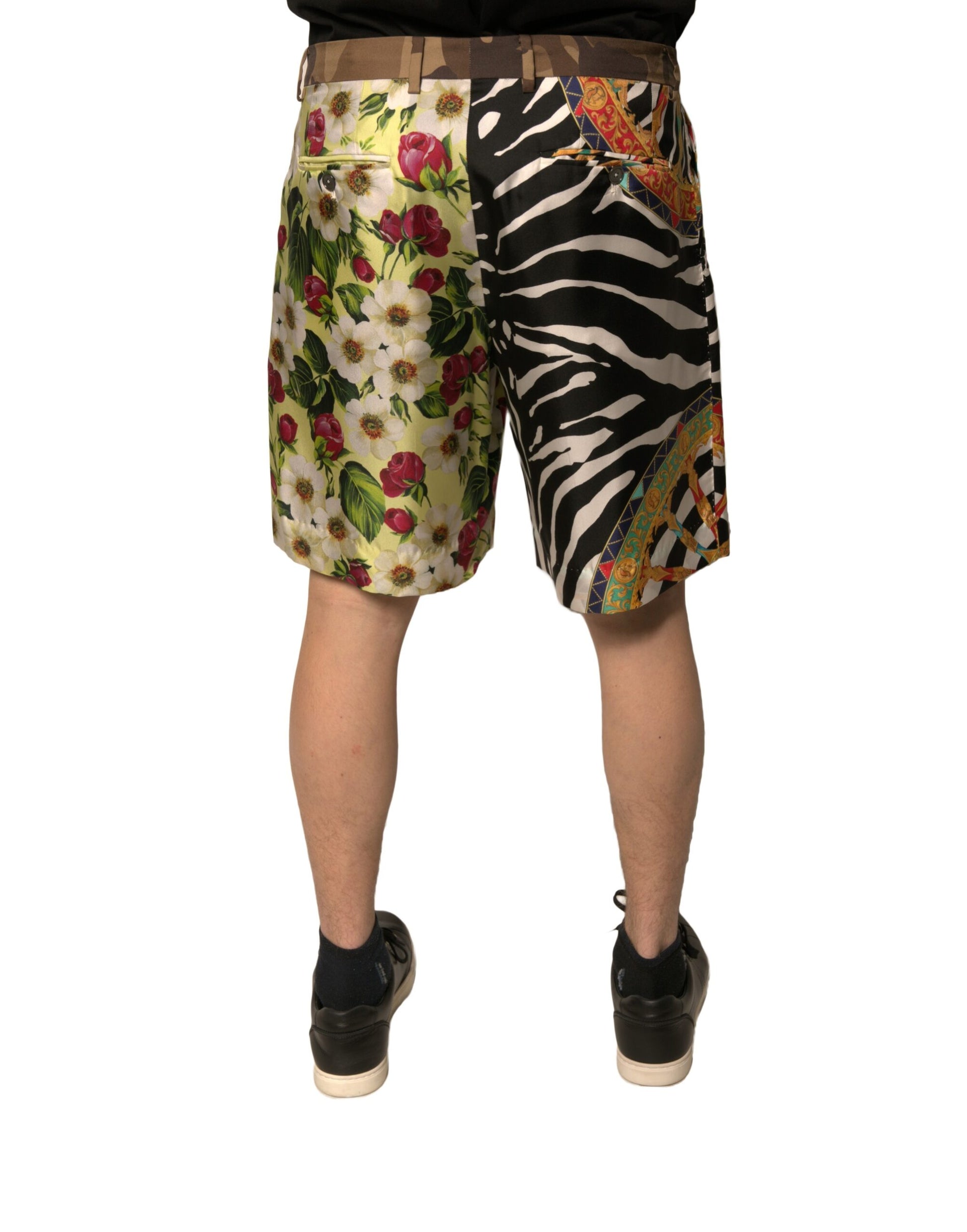 Colorful patchwork silk men's chino shorts with floral and zebra print