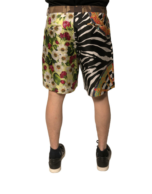 Colorful patchwork silk men's chino shorts with floral and zebra print