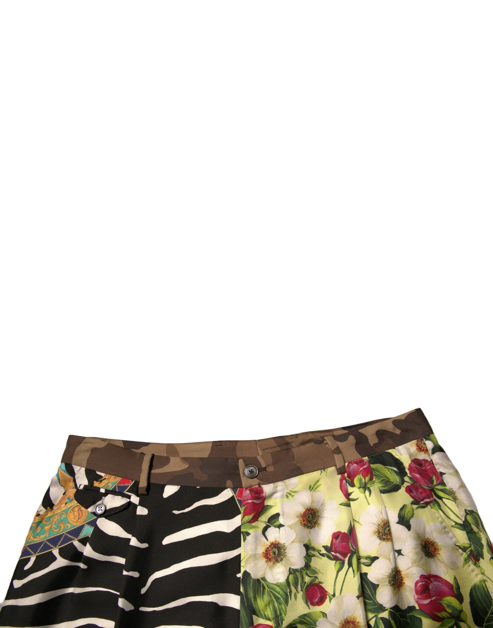 A pair of multicolored patchwork silk men's chino shorts with floral and zebra print designs