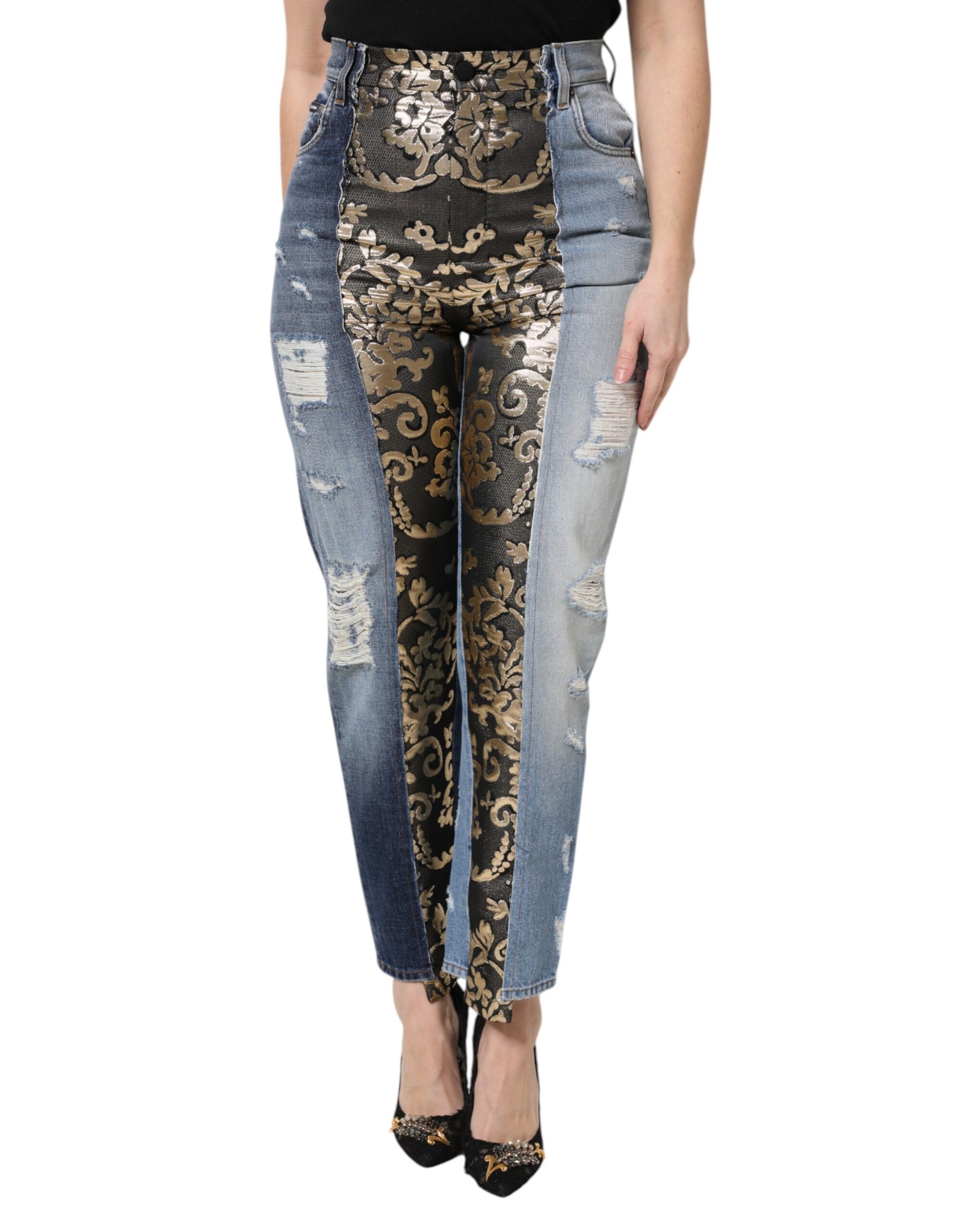 Woman wearing jeans with gold pattern and rips