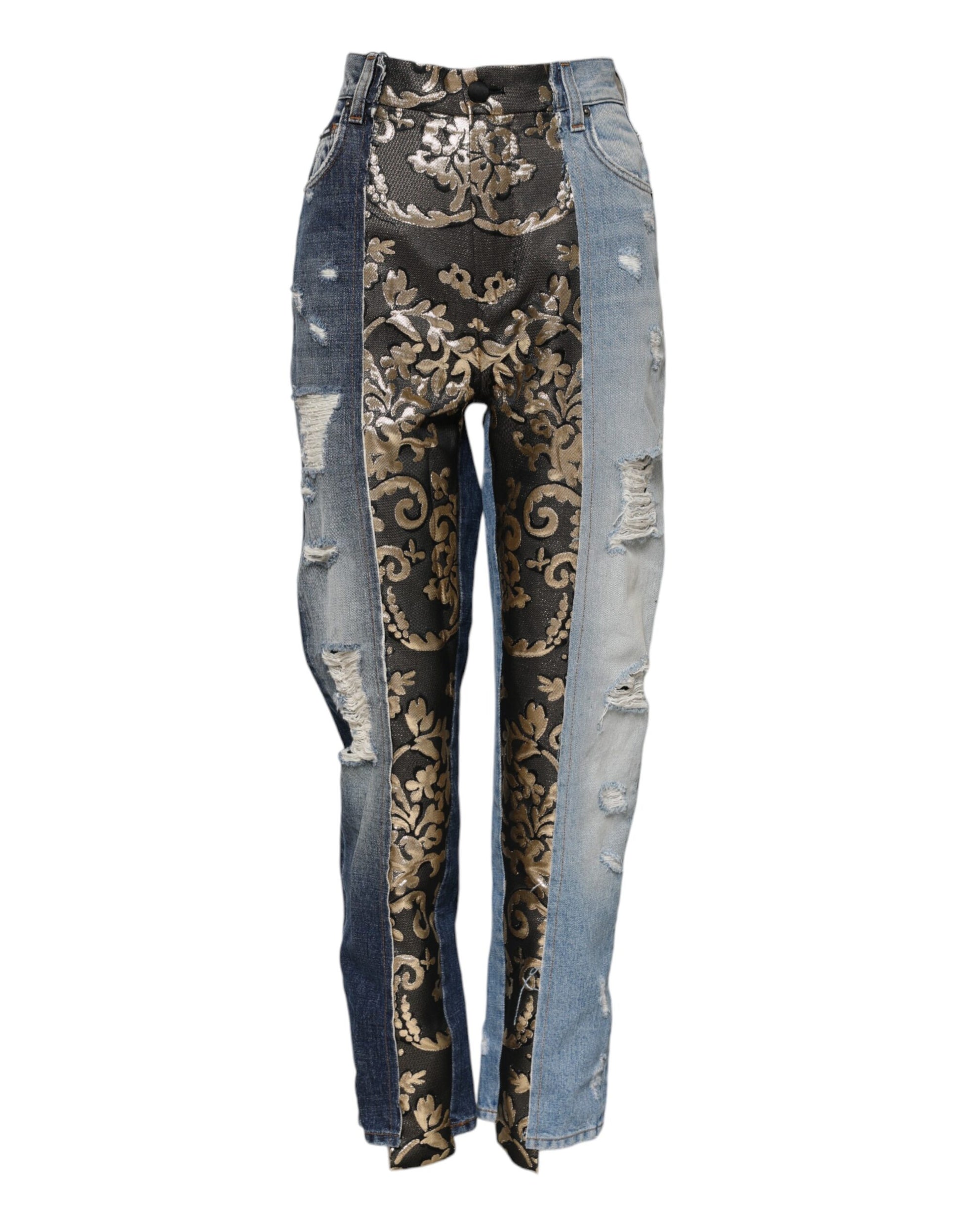 Blue jeans with gold floral pattern on legs