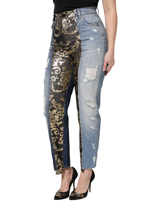 Woman wearing jeans with gold pattern on legs