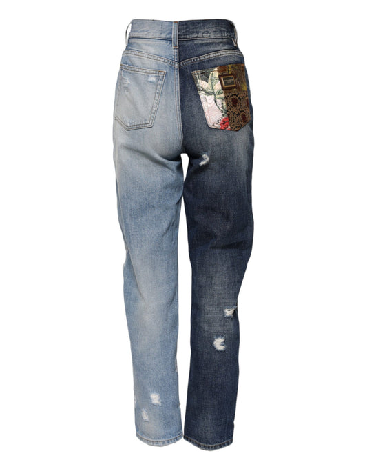 Pair of blue jeans with patch on right leg