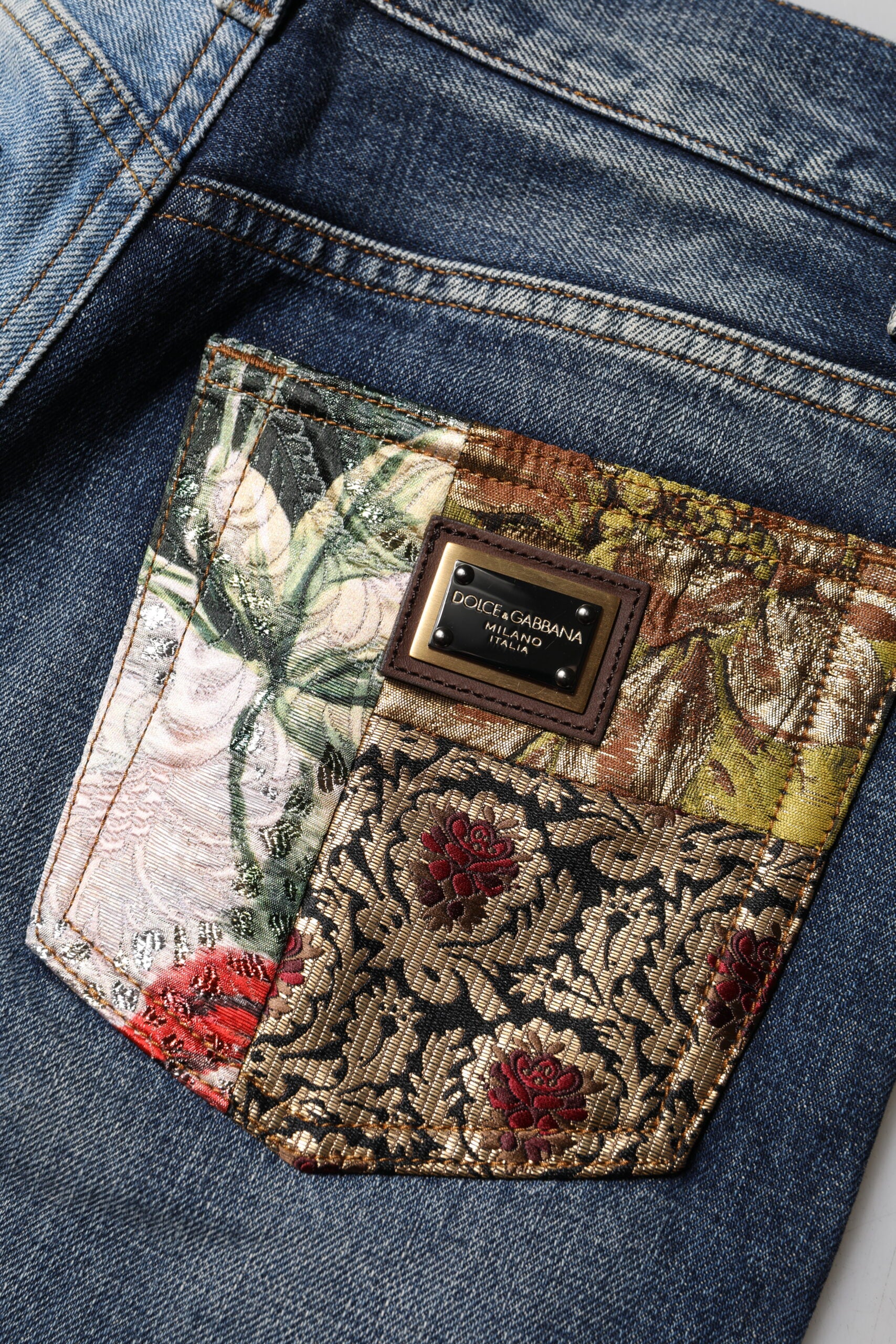 Decorative pocket on blue jeans