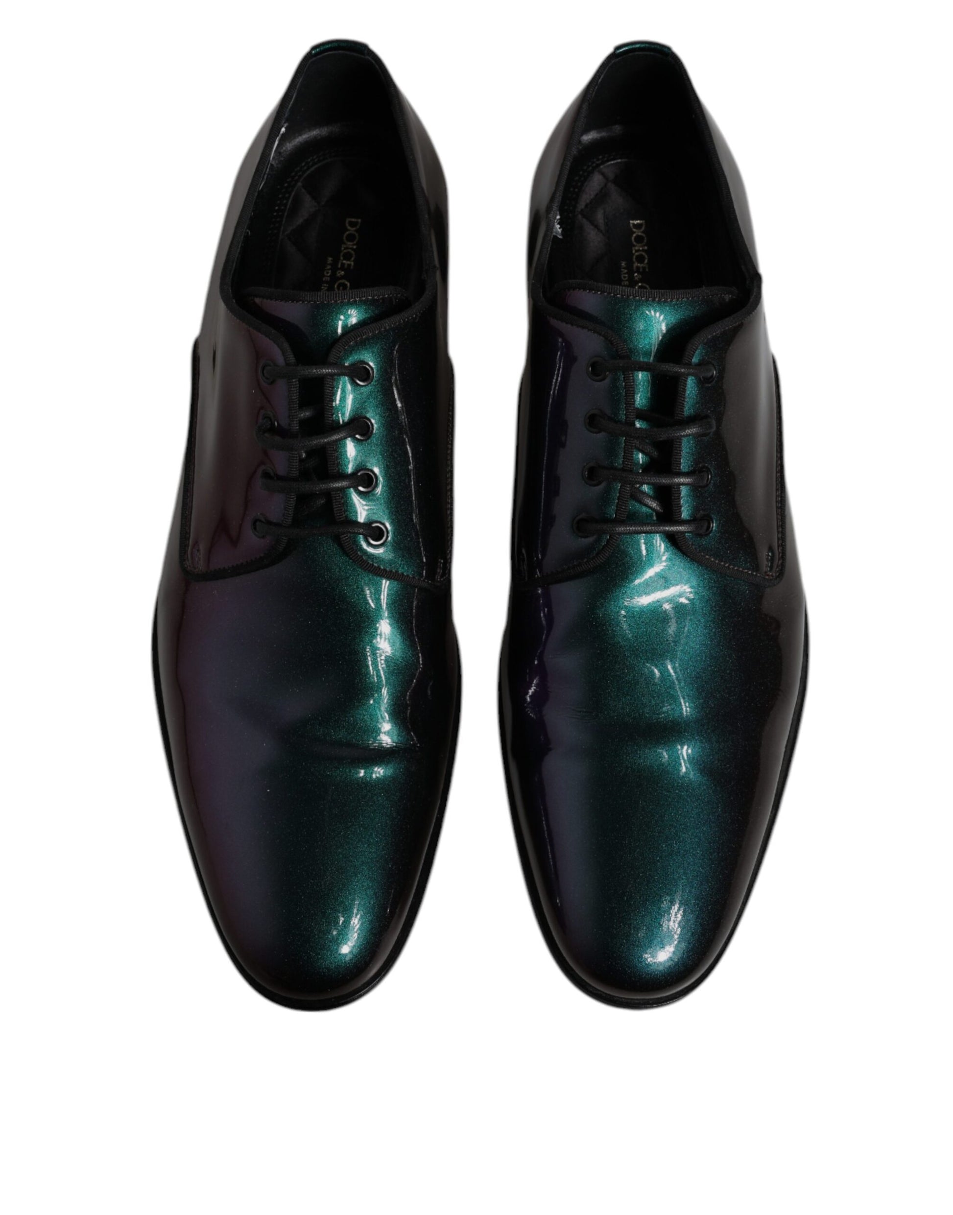 Pair of men's dress shoes with multicolored peacock patent leather and black laces