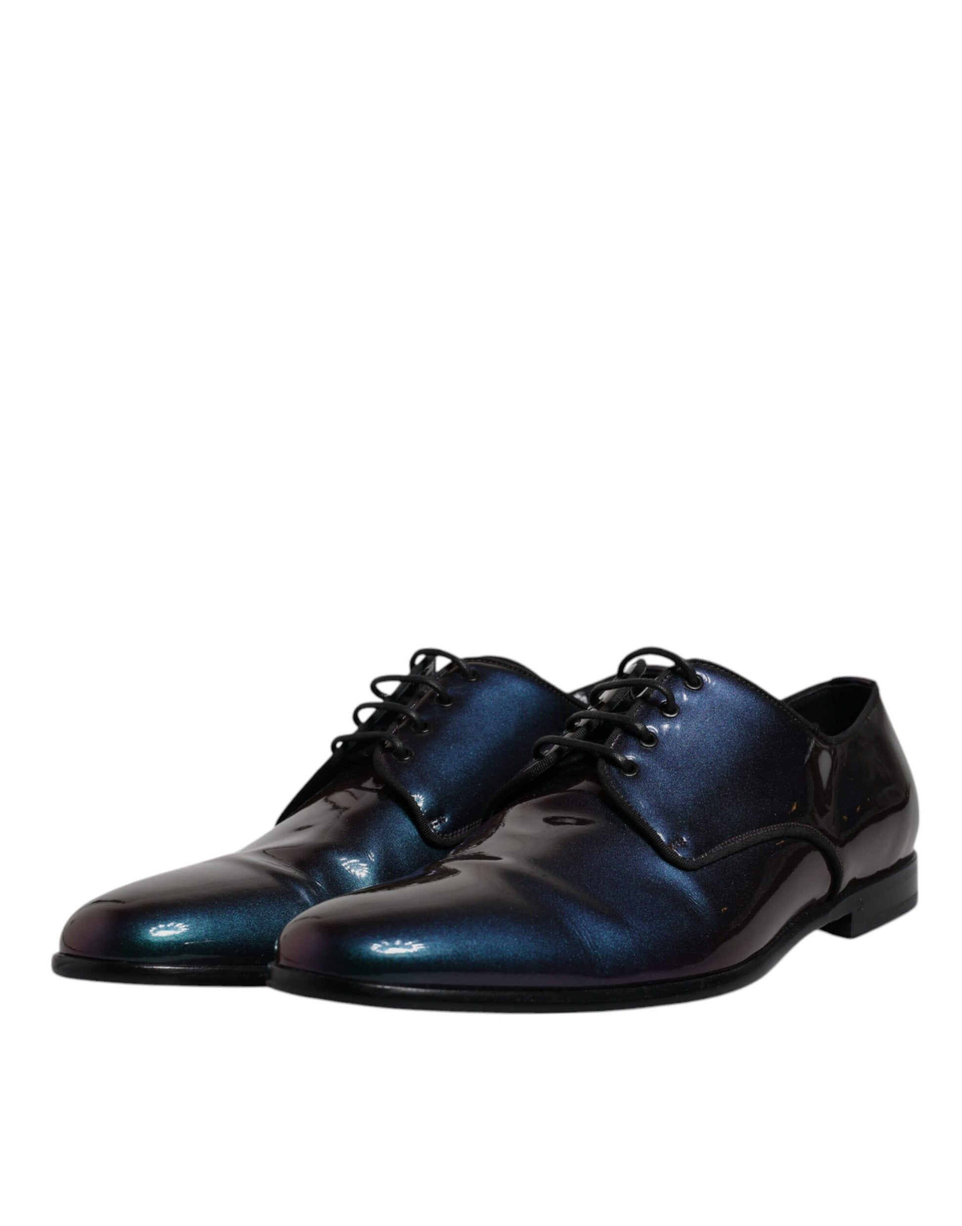 Black patent leather shoes with blue glitter detailing, featuring a peacock design