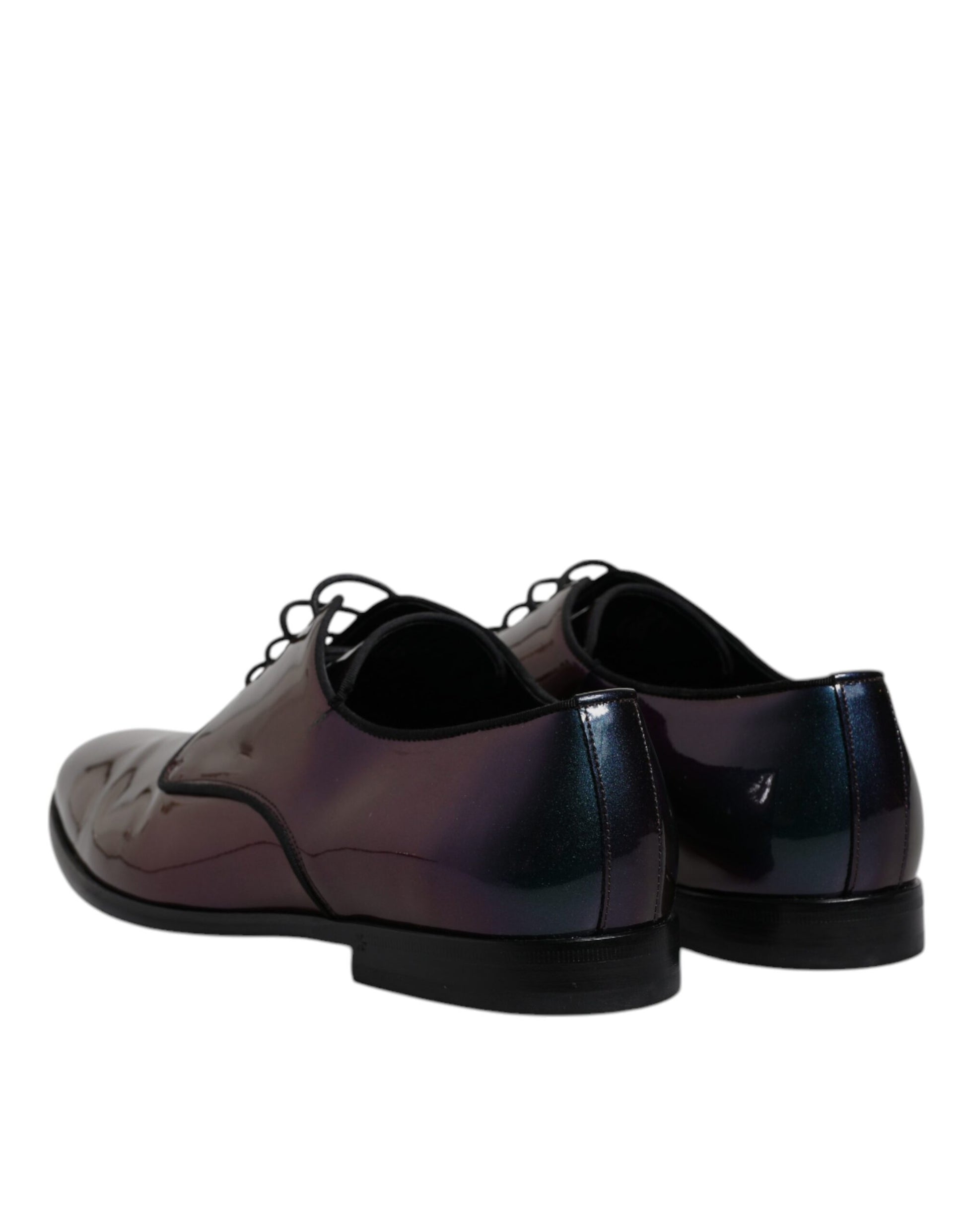Pair of men's dress shoes with peacock patent leather and multicolored design