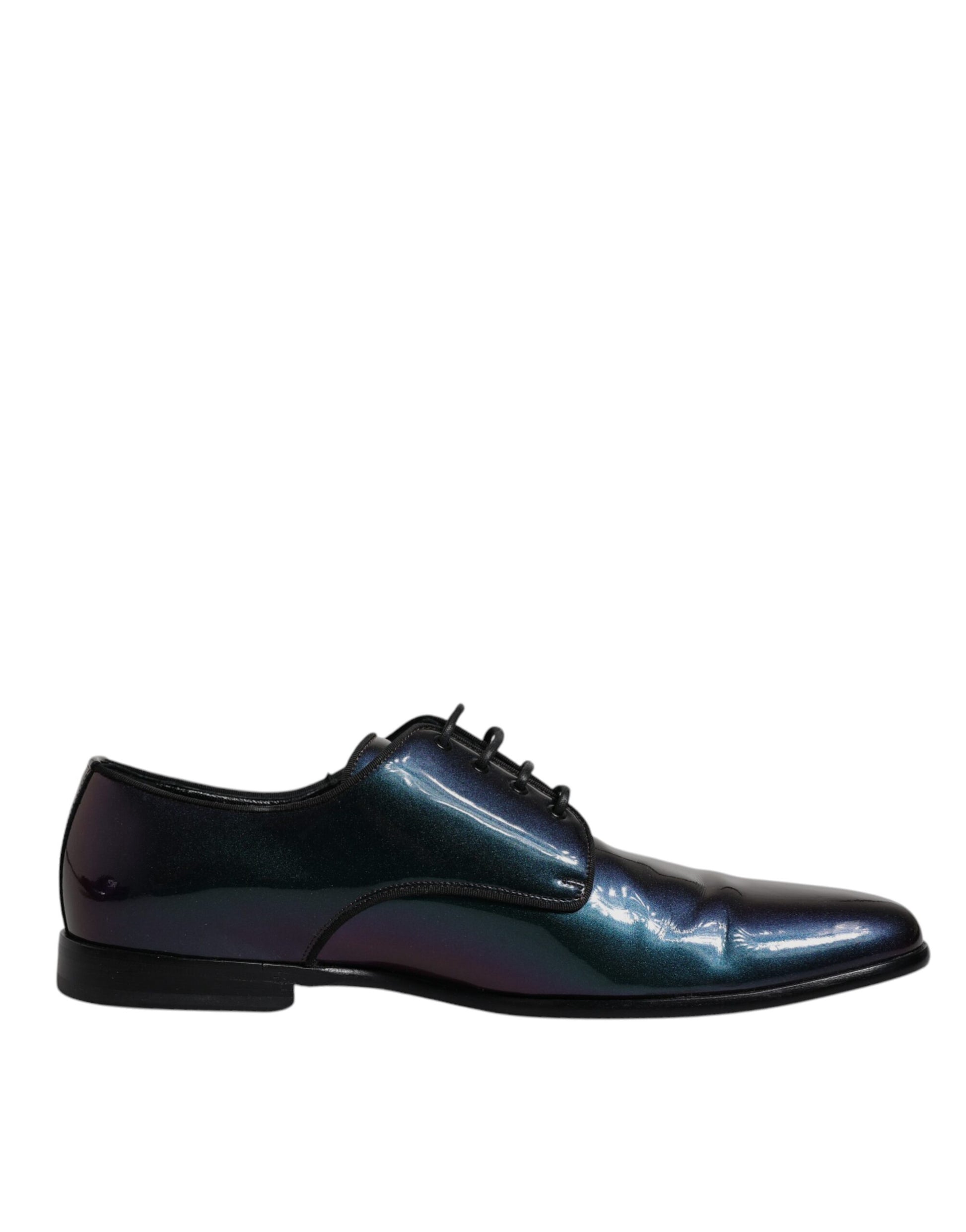 A pair of men's dress shoes with a peacock patent leather finish