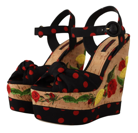 High heel shoes with red polka dots and floral design on a cork base