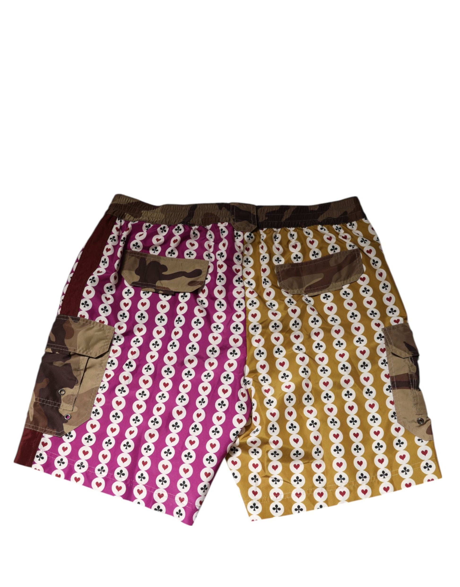 Camouflage pattern shorts with colorful designs on legs