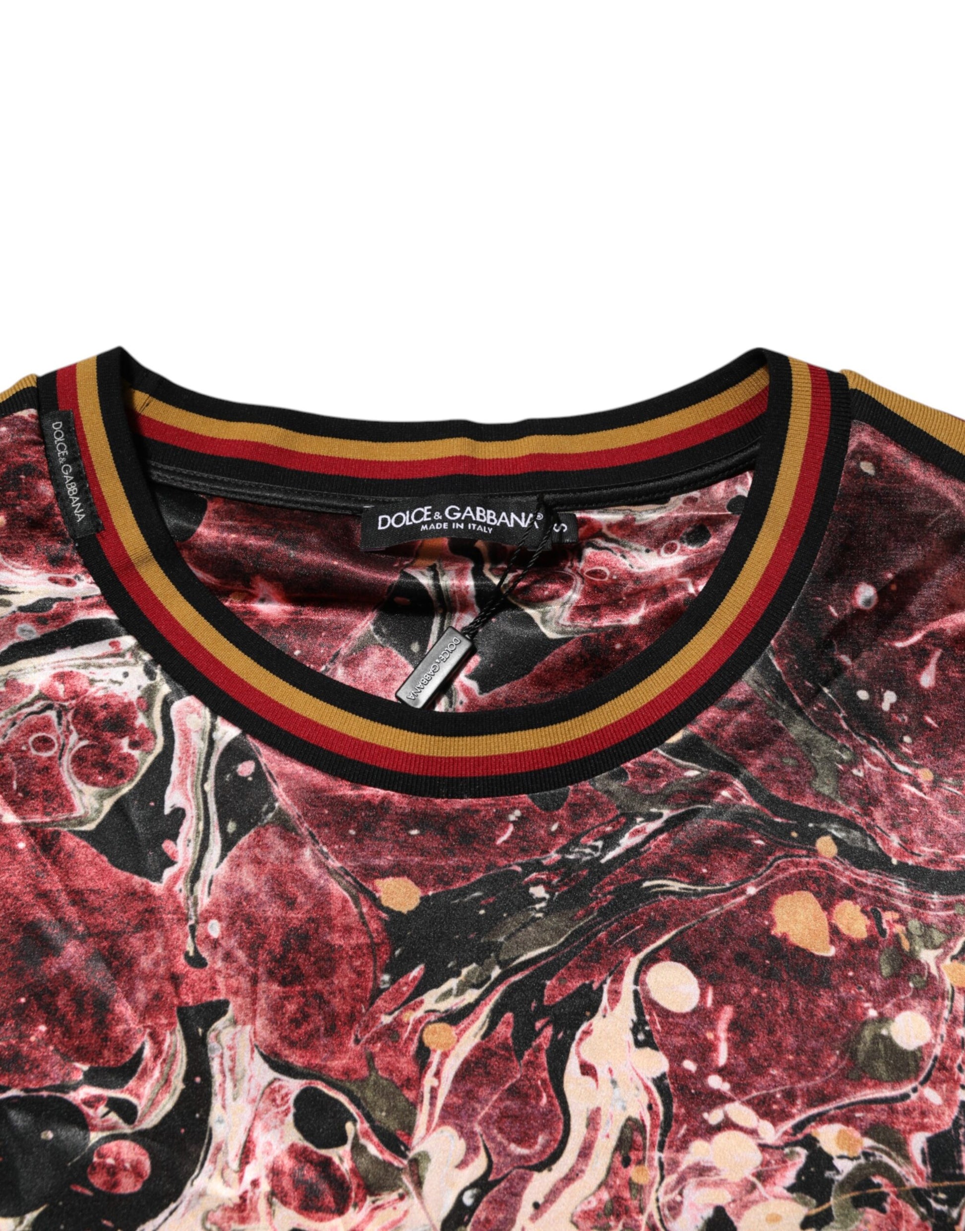 Red and black graphic t-shirt with a marbled pattern
