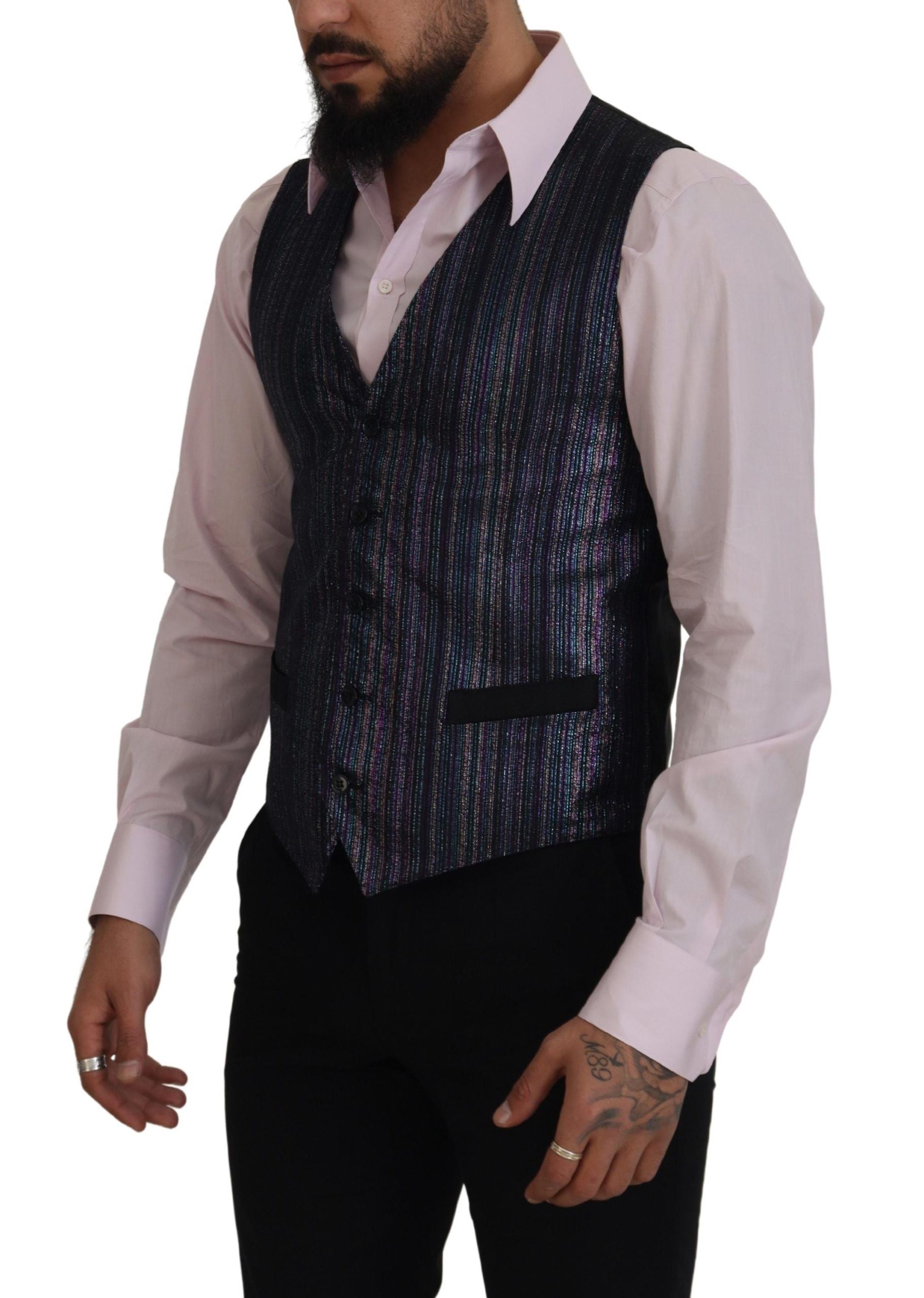 A mannequin wearing a multicolored waistcoat with a shiny texture
