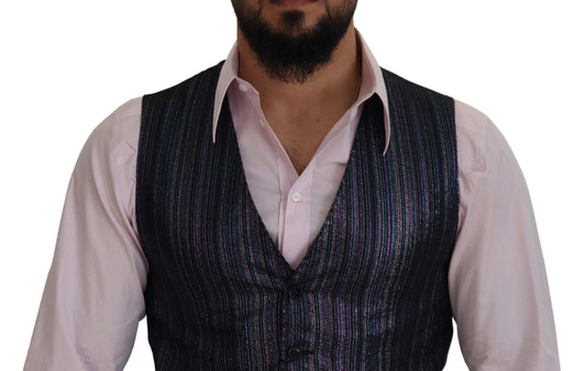 A mannequin wearing a multicolored waistcoat with sequins
