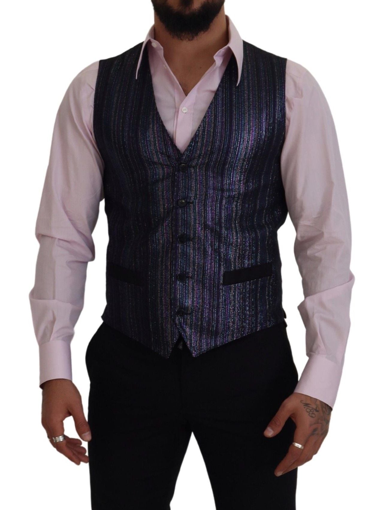 A mannequin wearing a multicolored waistcoat with a pink shirt underneath