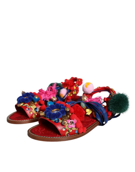 Red sandals with colorful embellishments