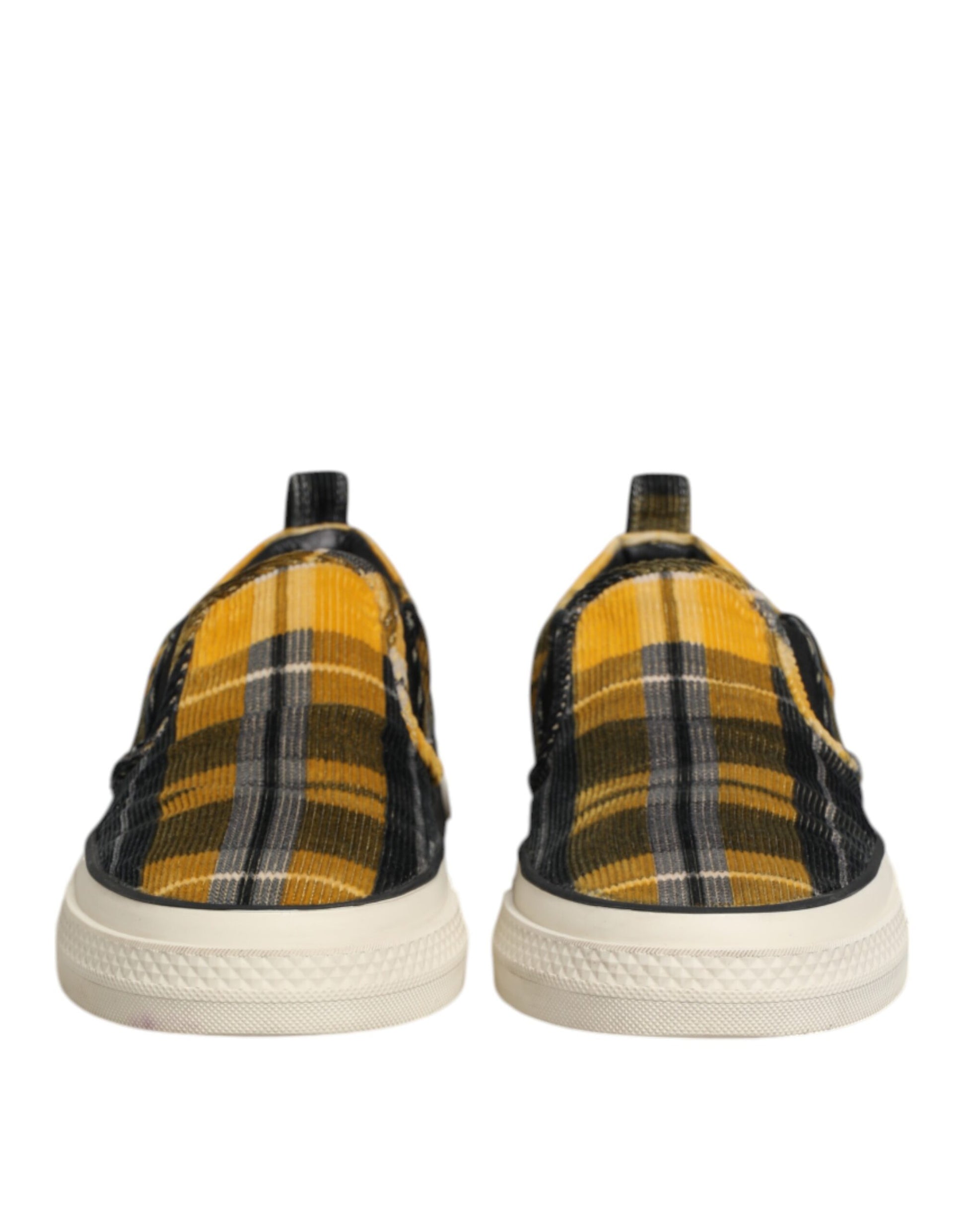Yellow, black, and white plaid sneakers with laces