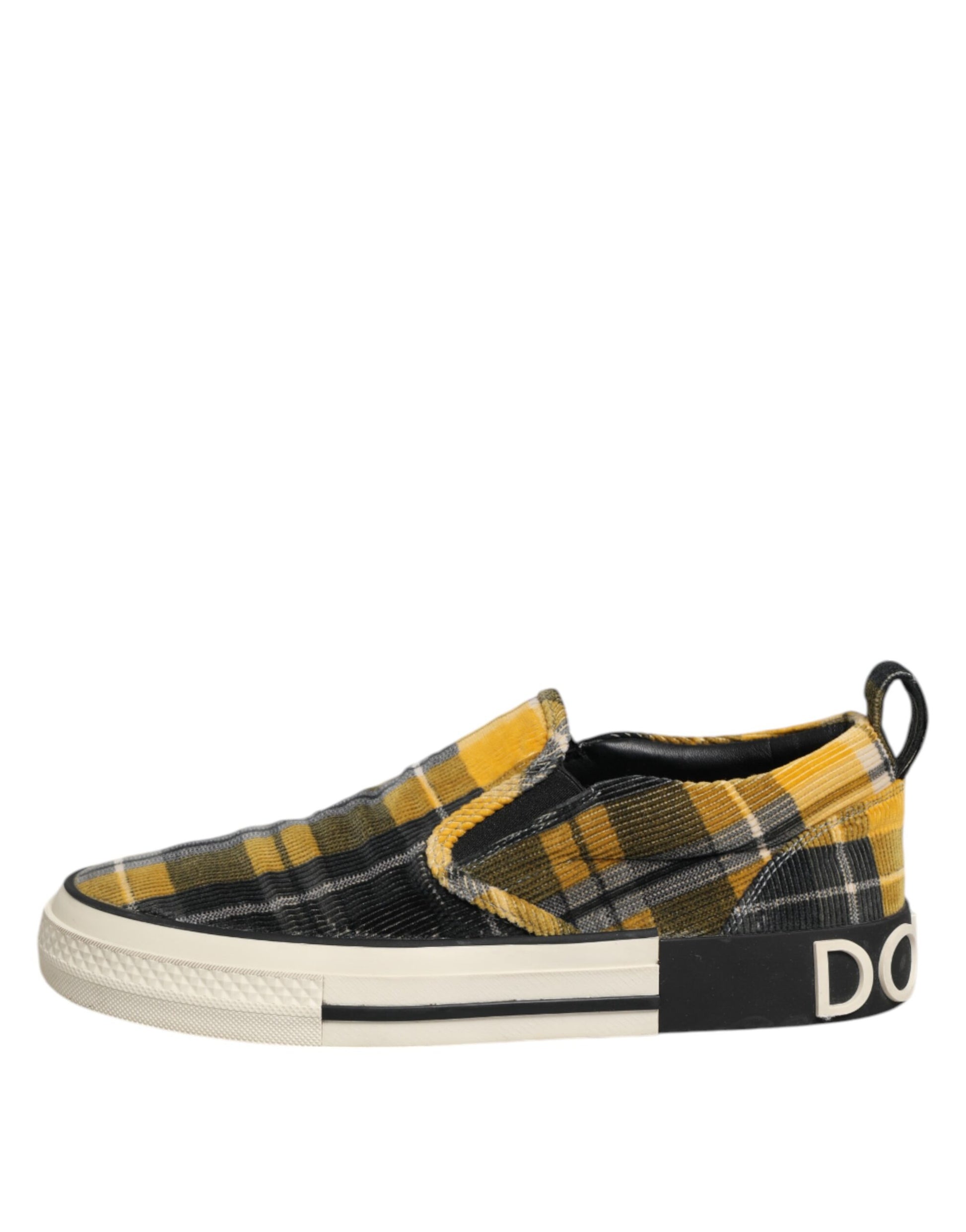 A pair of multicolored tartan check sneakers with a black sole