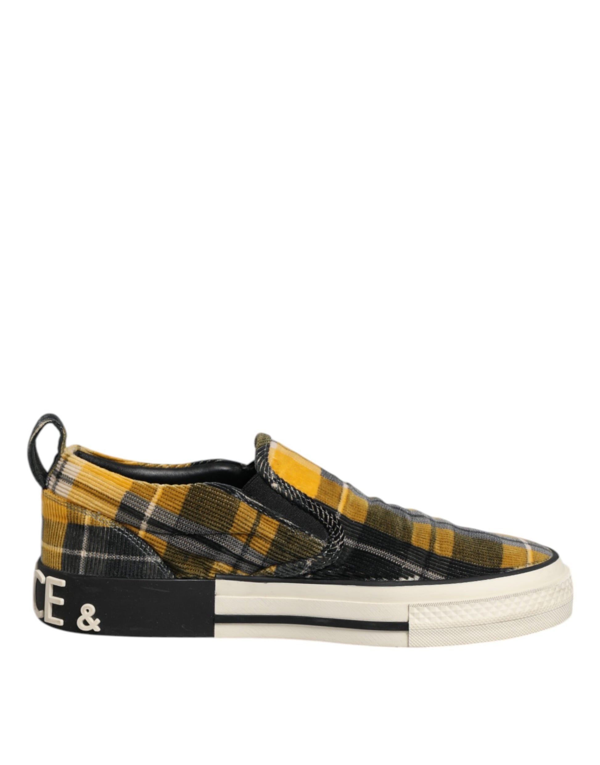 A pair of multicolored tartan check sneakers with a black and white sole