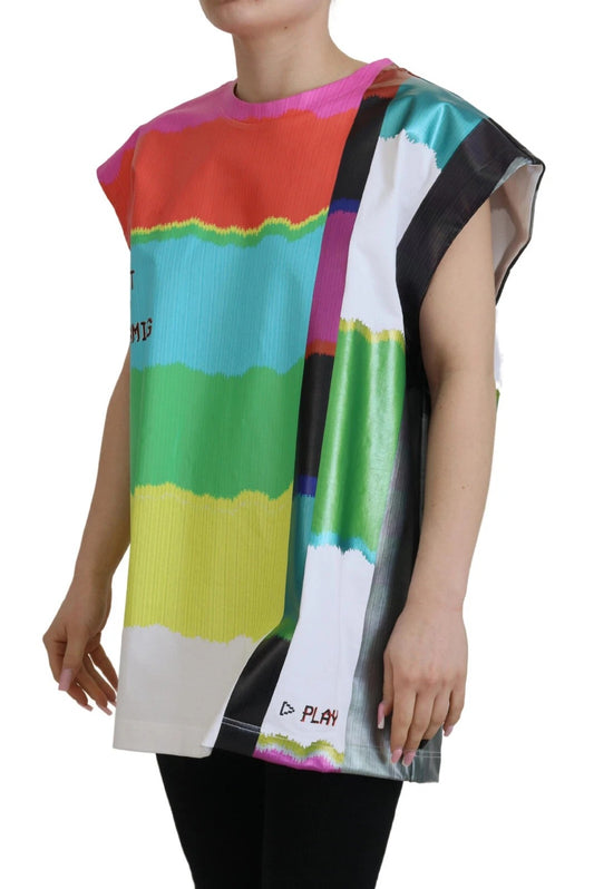 Colorful sleeveless vest worn by a person