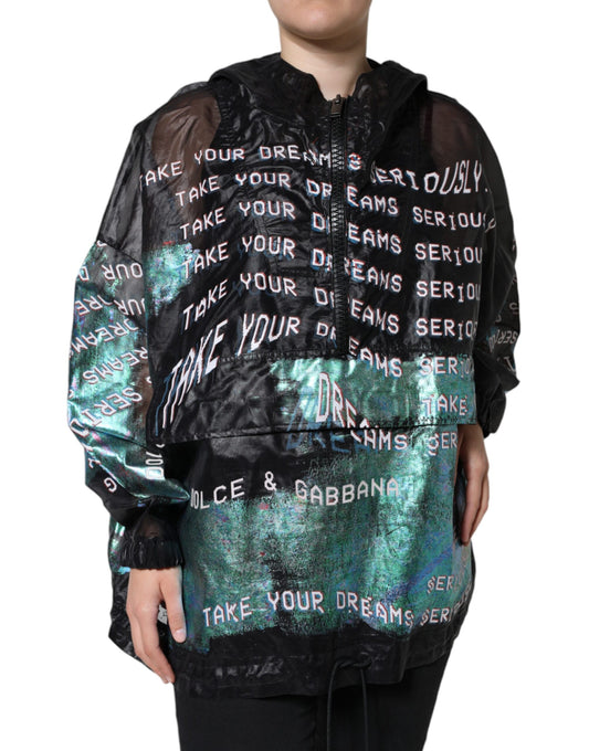 The jacket is black with a colorful design on the front