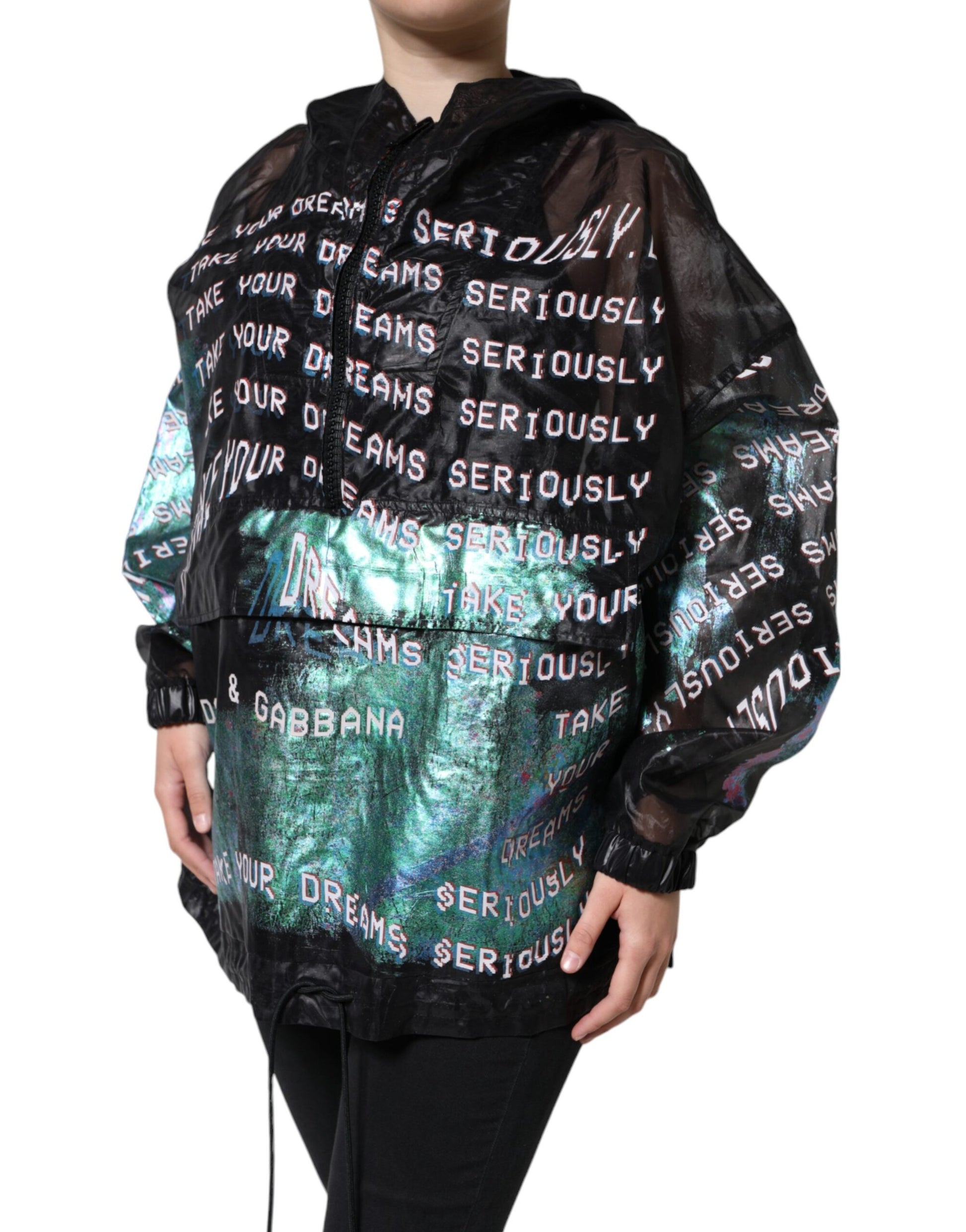 The jacket is black with a colorful design featuring words that say "seriously" repeated multiple times