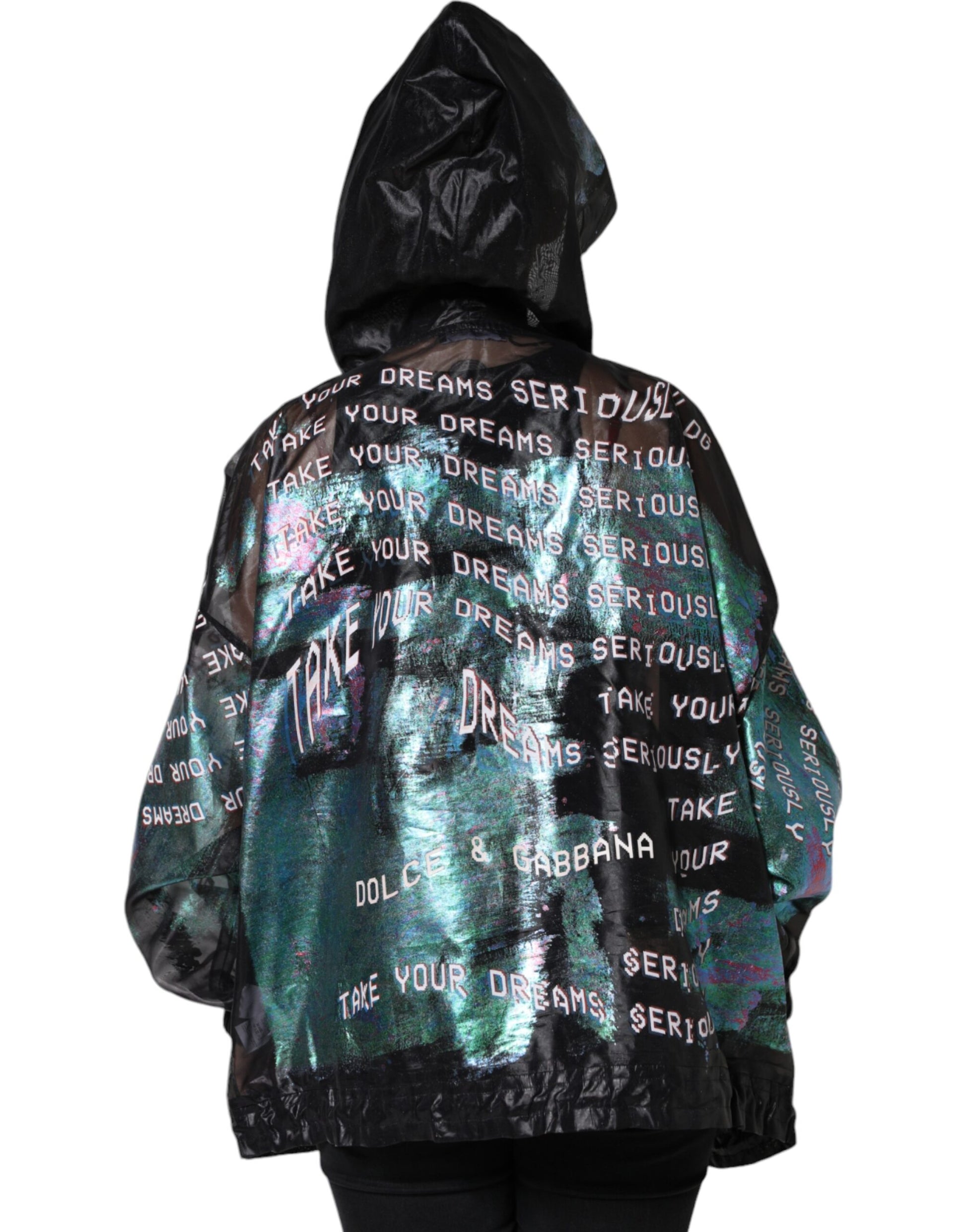 The jacket has a hoodie and is covered in writing