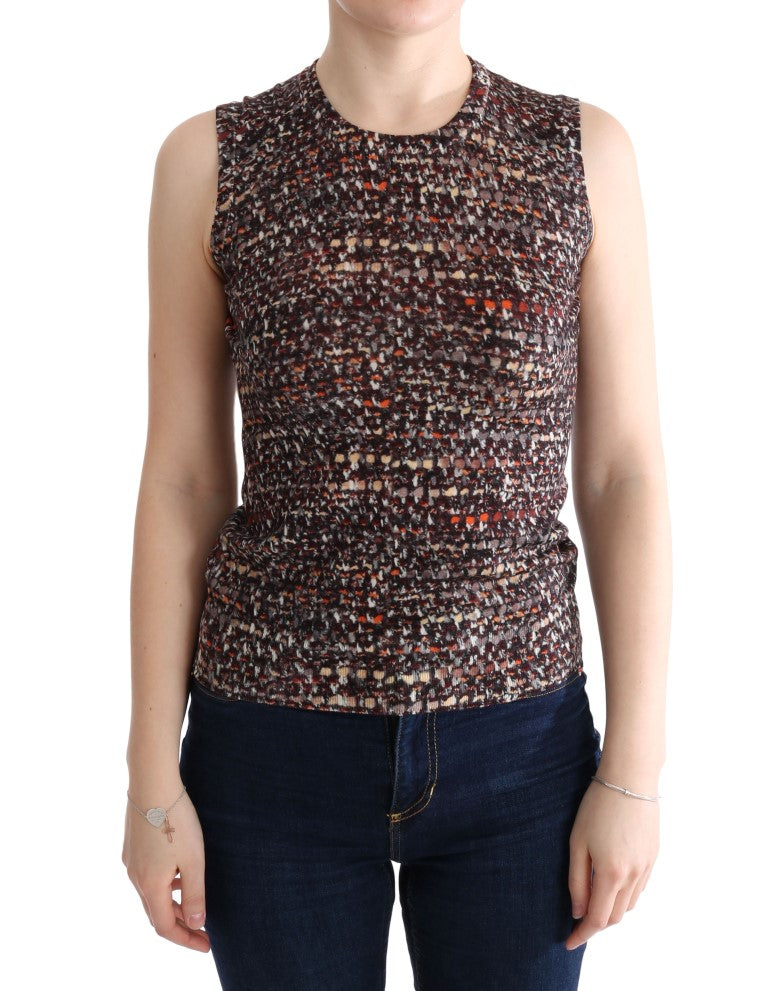 Woman wearing a colorful knit top