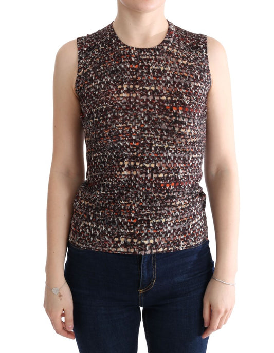 Woman wearing a colorful knit top
