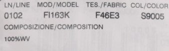 This is a label on a product. It includes information such as model number, serial number, color code, fabric type, and other