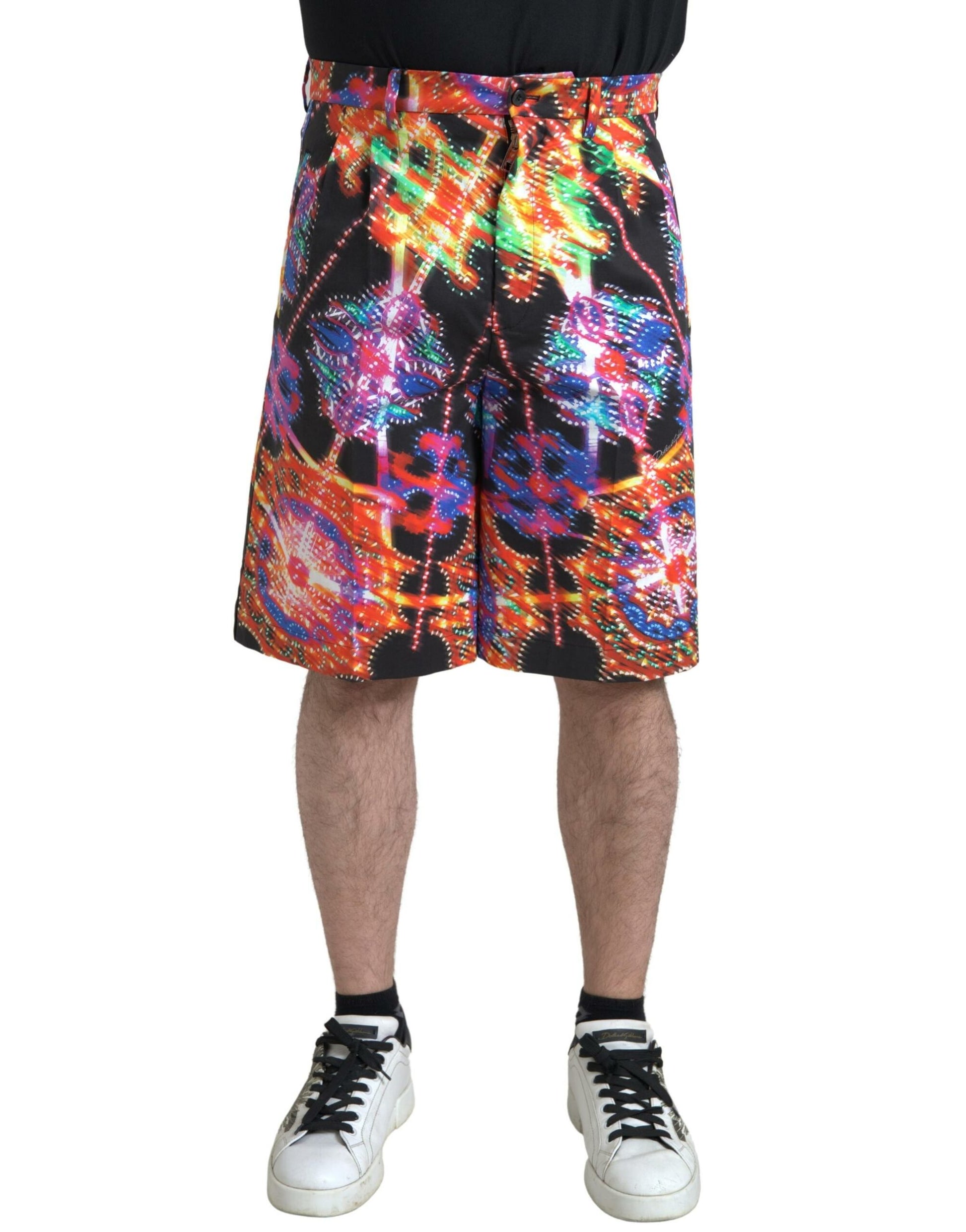 Man wearing colorful shorts with a tie dye pattern