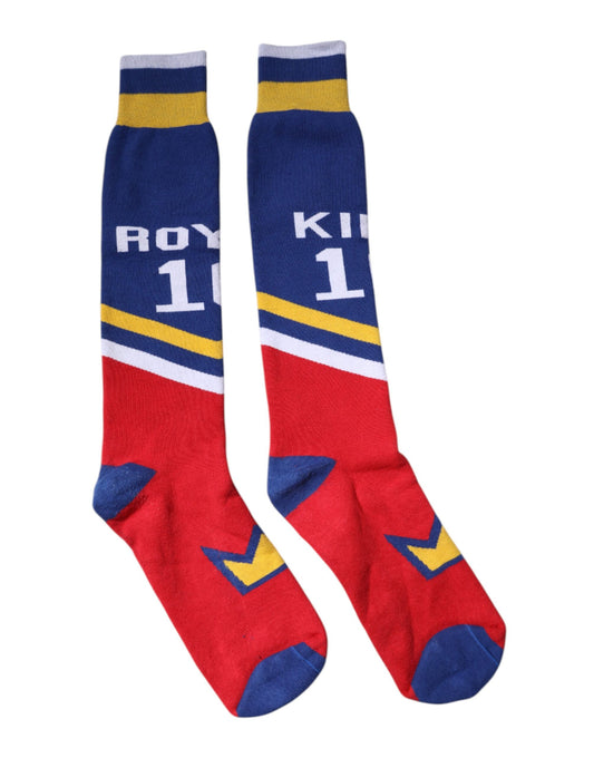Pair of red socks with blue and yellow stripes