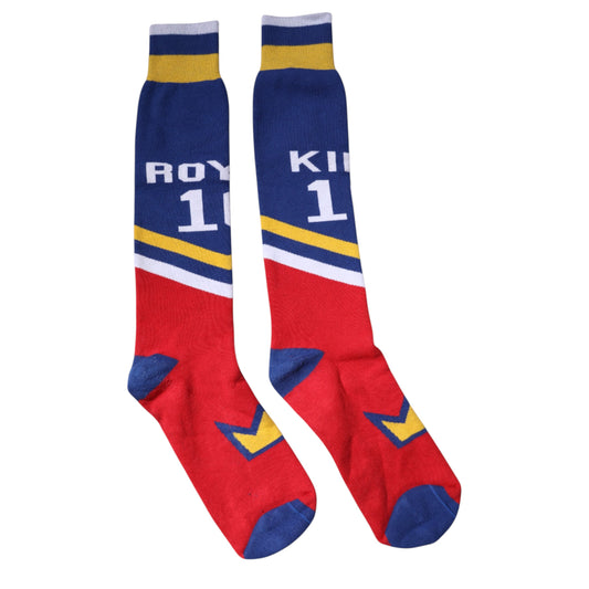 Pair of red socks with blue and yellow stripes and lettering