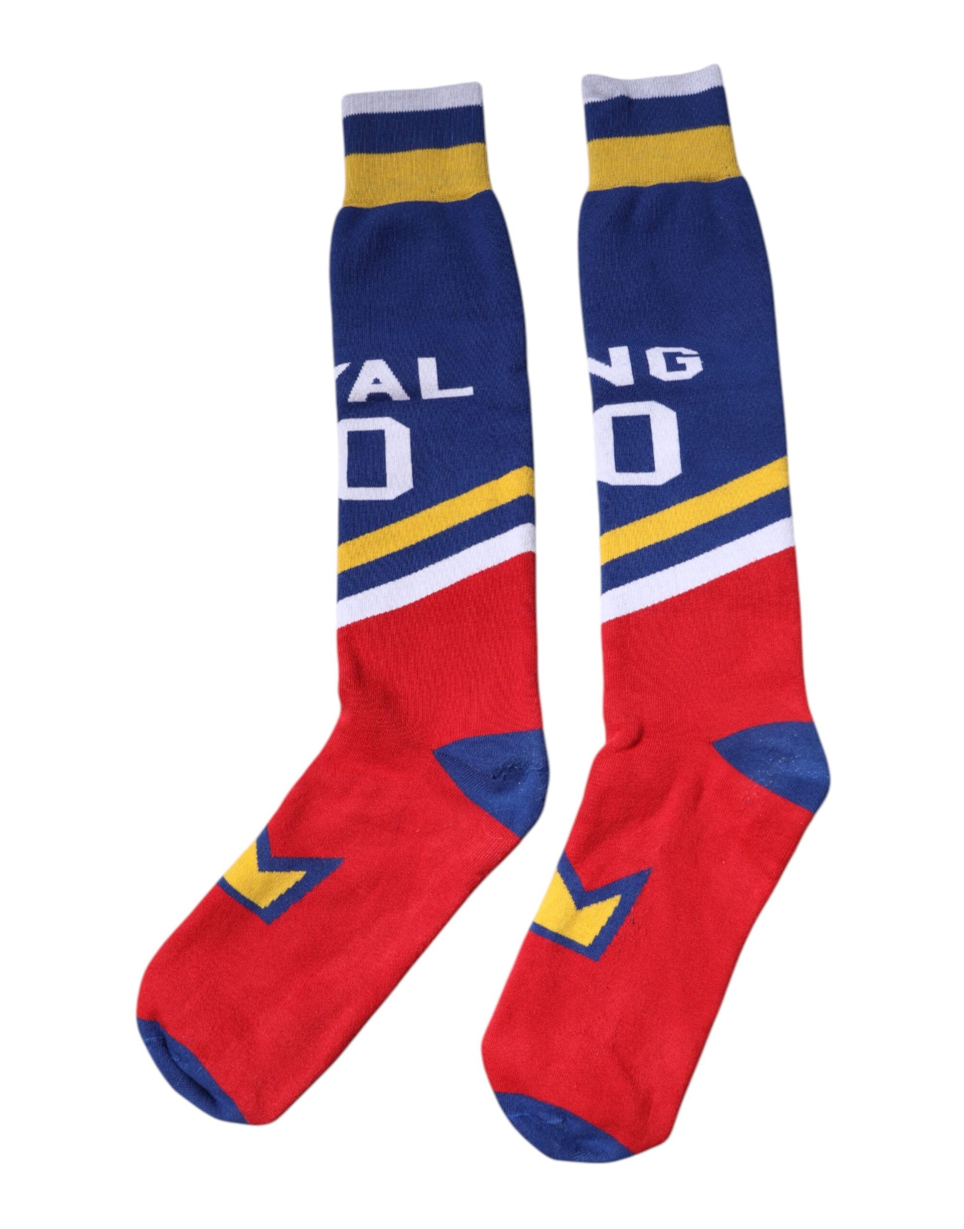 Pair of red socks with yellow and blue stripes