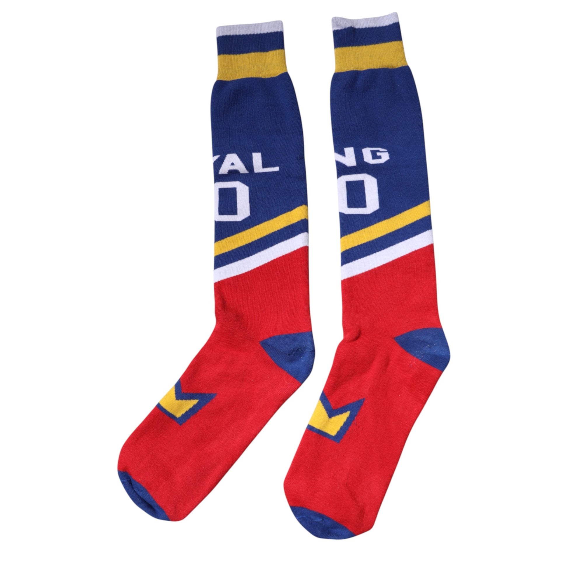 Pair of red socks with blue and yellow stripes