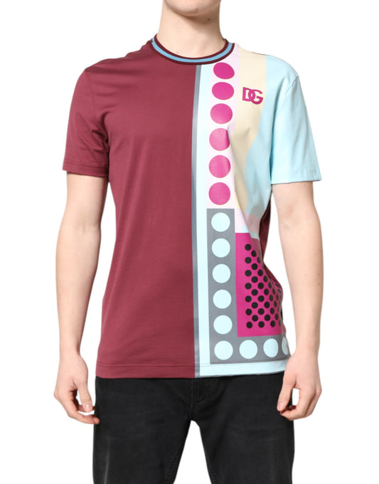 The shirt is maroon on one side and a colorful pattern on the other