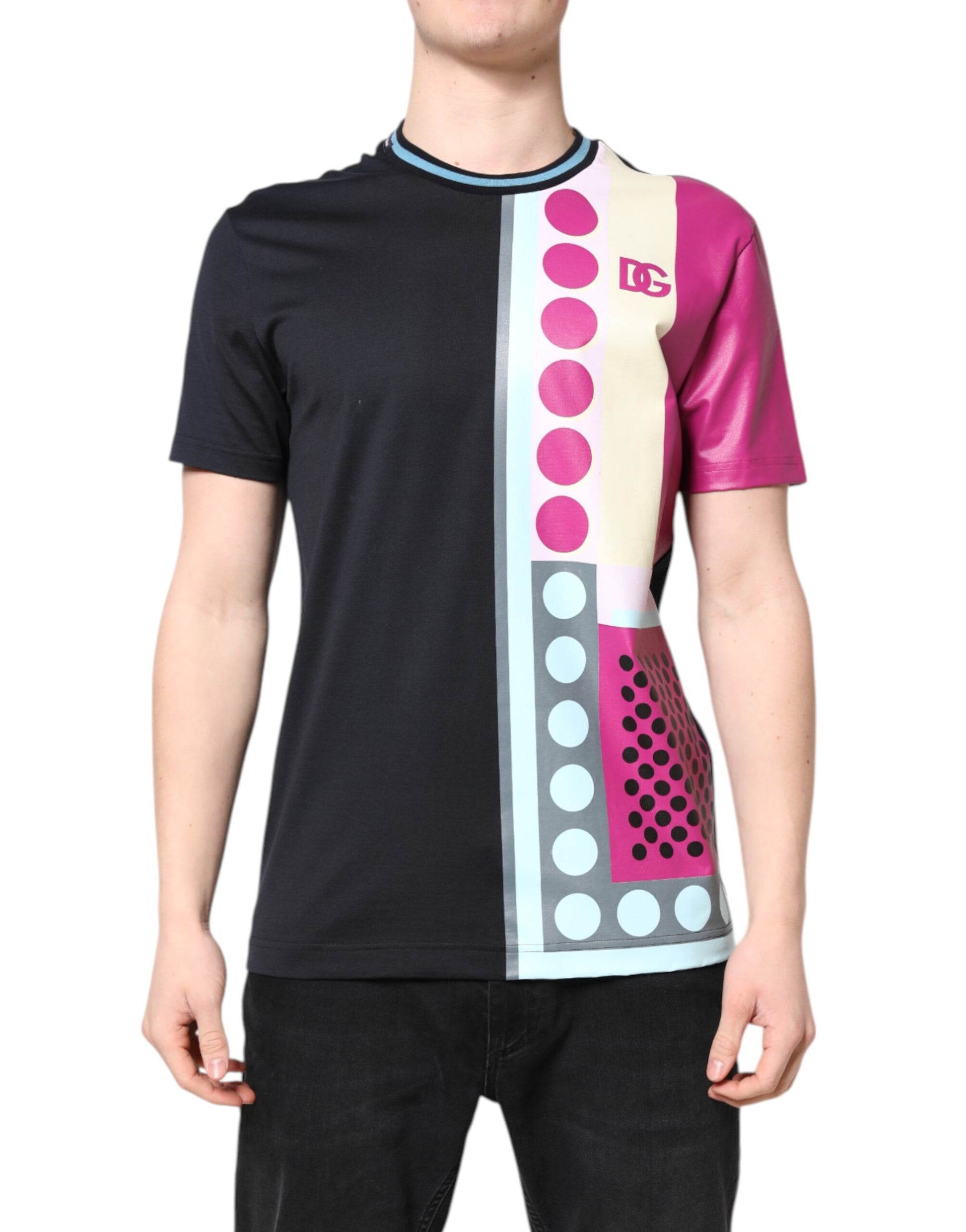 Black t-shirt with colorful design on front