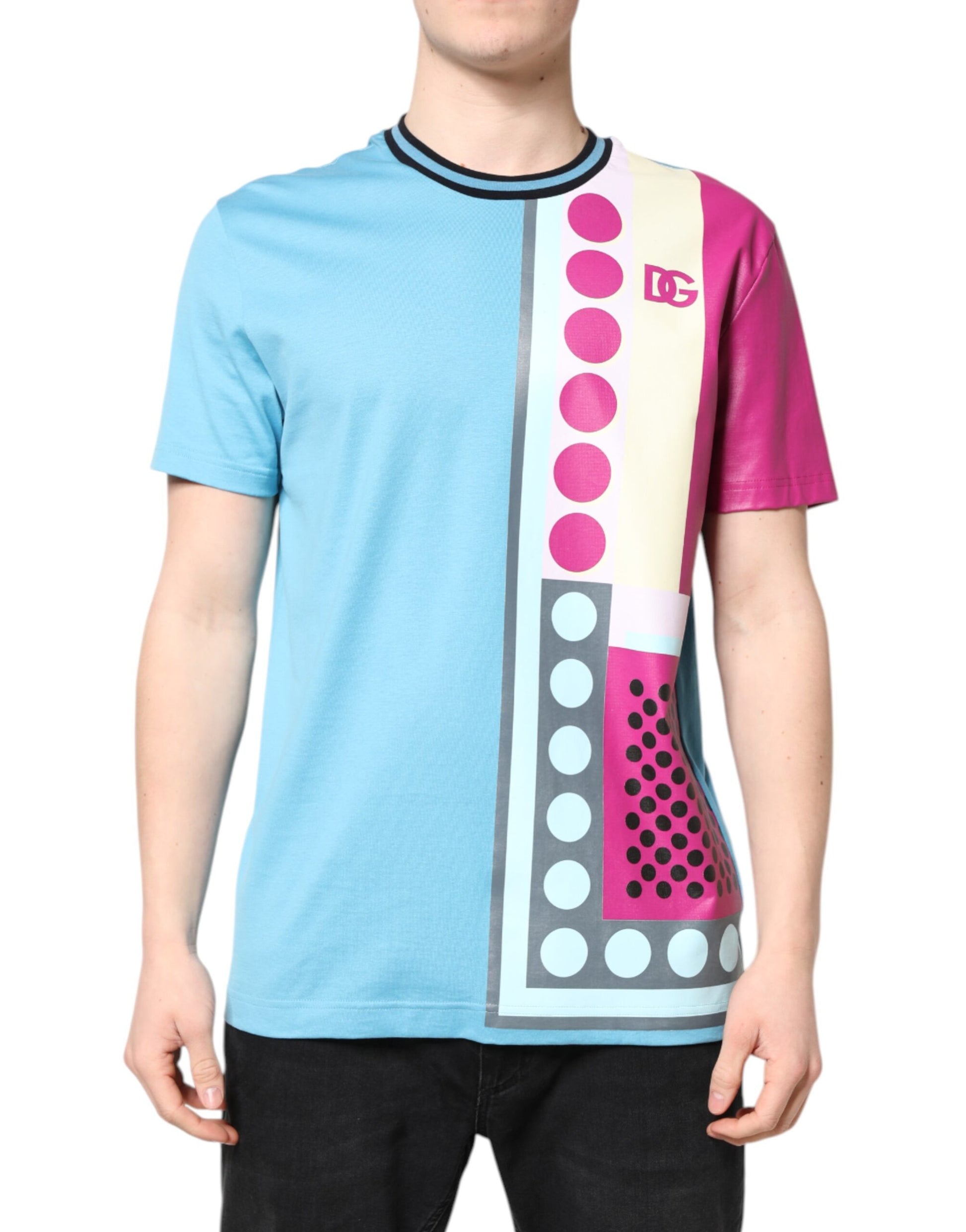 The shirt is blue, pink, and white