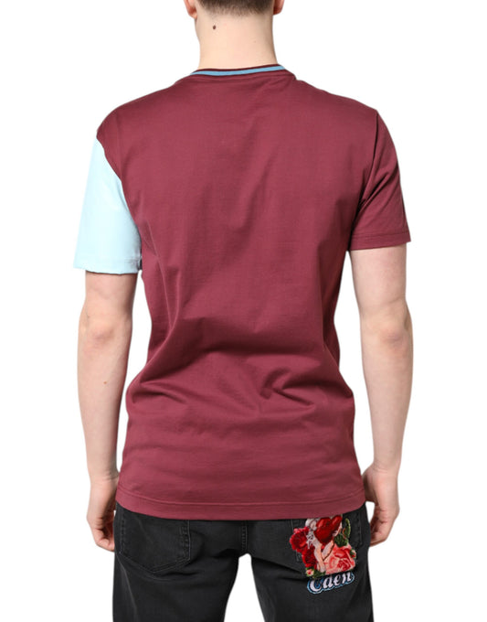 Maroon short sleeve shirt with white trim on shoulders