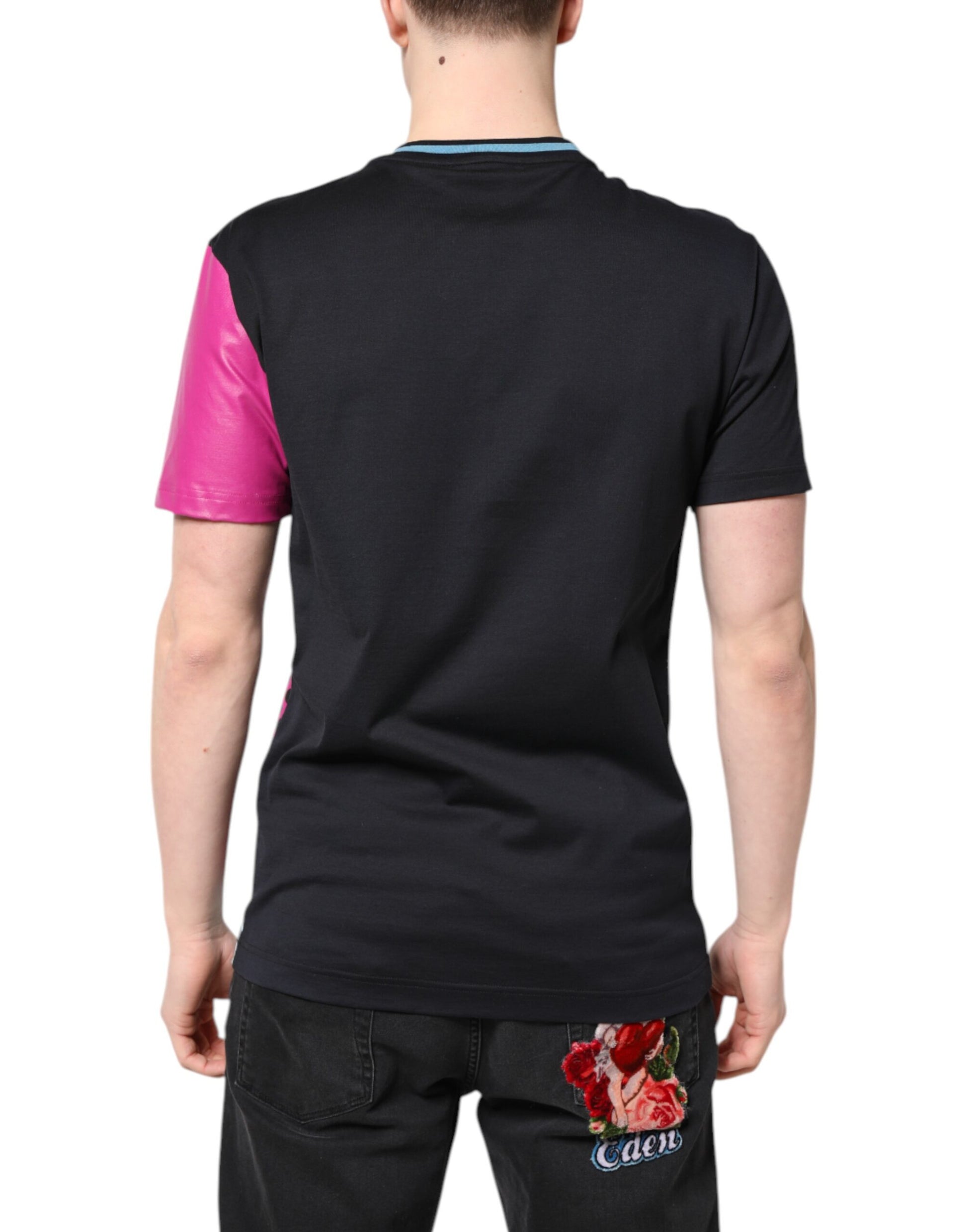 Black polo shirt with pink sleeves and a rose on the back