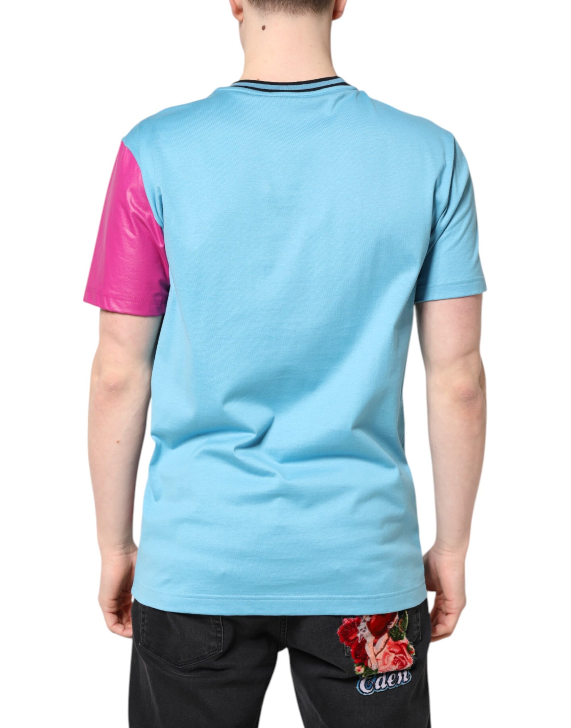 The back view of a person wearing a blue and pink sleeveless top