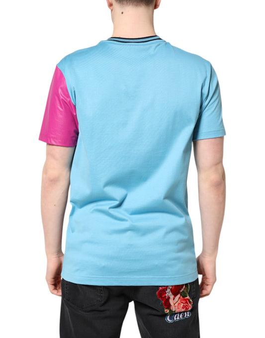 The back view of a person wearing a blue and pink sleeveless top